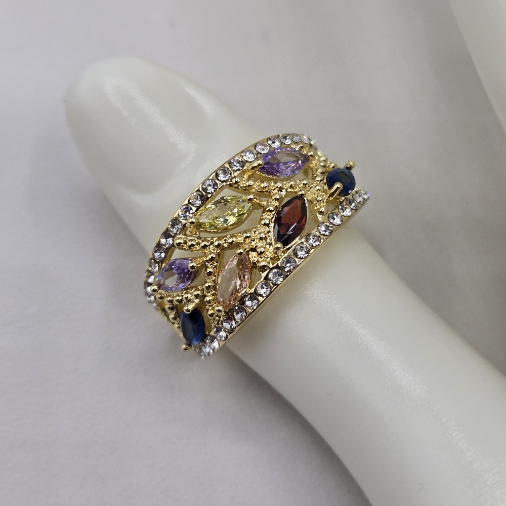 Swarovski Crystal Elements Gold Statement Ring Multi-Color Size 9 Prom Bridal 94